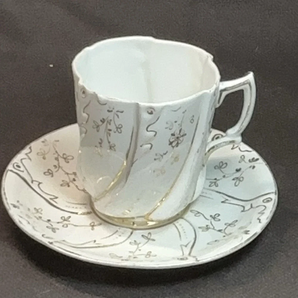 Antique Victorian Spiral Swirl Porcelain Teacup Saucer Gold Gilt Floral Tea Cup